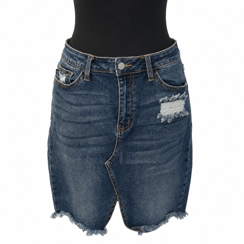Judy Blue Distressed Denim Mini Skirt Med Wash Frayed Hem JB2910 Womens Size M